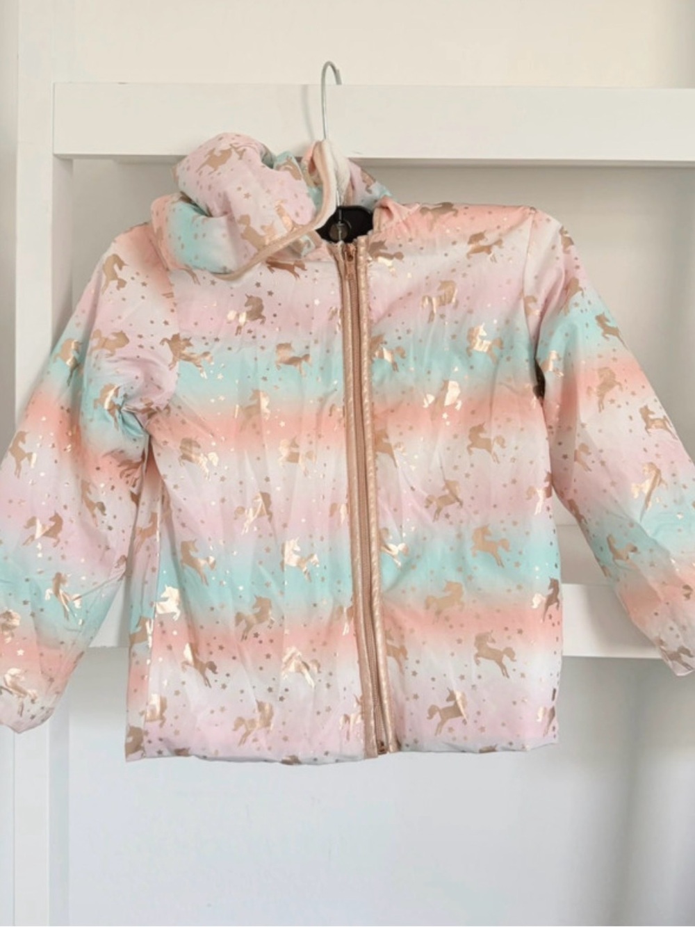 Penelope Mack Girls' Pastel Unicorn Puffer Jacket - Pink, Mint & Gold